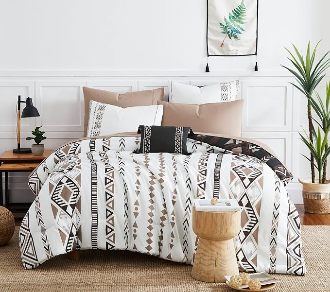 King Size Comforter Set - 7 Pieces Western Bedding Reversible Bed in a Bag | Boho Bedding, All Season Aztec Bed Set with Comforter, Sheets, Pillowcases & Shams, Brown