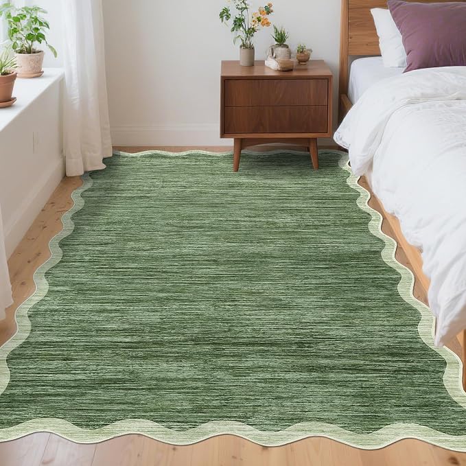 GarveeHome Scalloped Area Rug 4x6 - Washable Non-Slip Entryway Rug, Green | Abstract Green Boho Bordered Farmhouse Living Room Rug Soft Throw Rugs for Entrance Hallway Bedroom Kitchen Nursery