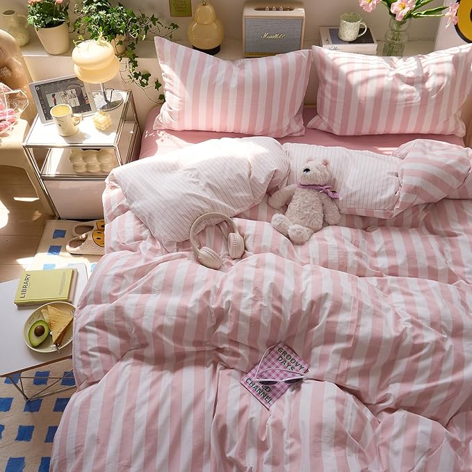 LifeTB Peach Pink Striped Comforter Set Full, 3 Piece Vintage Stripes Pattern Printed Bedding Set, Breathable Soft Farmhouse Striped Bedding Comforter Full Size, Cozy Lightweight Pink Comforter Set