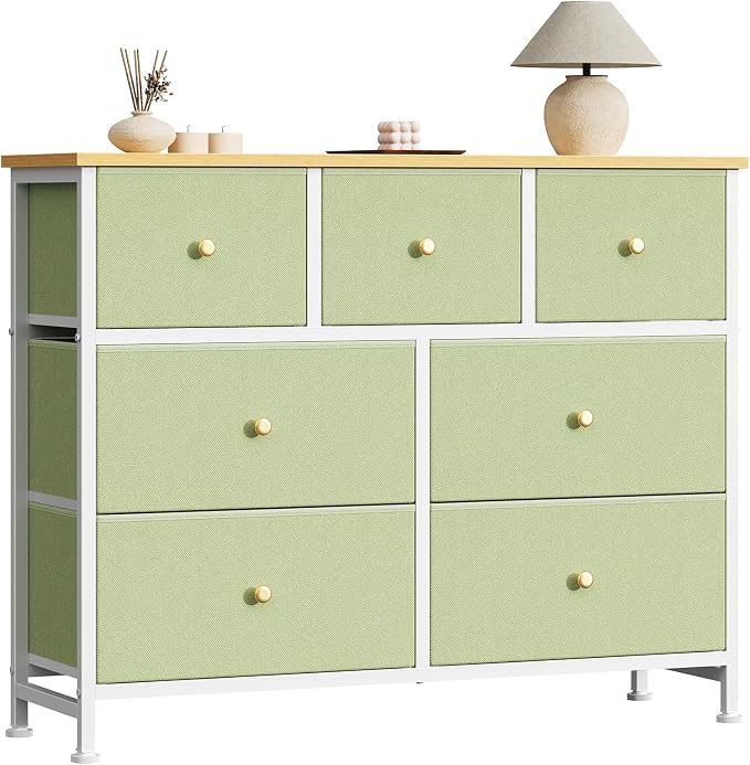 Sweetcrispy 7 Drawer Dresser for Bedroom Storage with Fabric Bins, Green | Anti-Tip Closet Organizer, Wooden Top and Sturdy Steel Frame, Spacious Drawers for Clothes Storage, Hallway Entryway