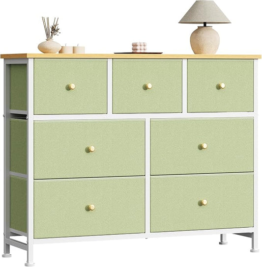 Sweetcrispy 7 Drawer Dresser for Bedroom Storage with Fabric Bins, Green | Anti-Tip Closet Organizer, Wooden Top and Sturdy Steel Frame, Spacious Drawers for Clothes Storage, Hallway Entryway