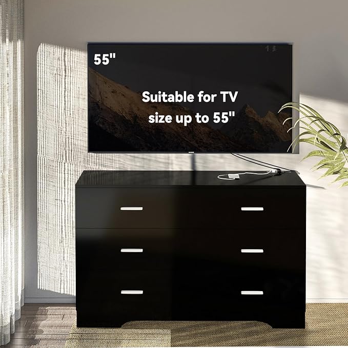 FJTJBSI Dresser with Power Outlets Wooden 6 Drawer Dresser with USB and Type C Port Chest of Drawers for Bedroom Tall Black Organizer Storage for Living Room Hallway Closet