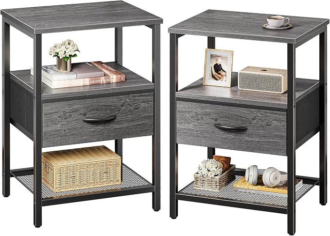 Huuger Nightstand Set of 2, Night Stand with Fabric Drawer, Mesh Shelf | Side Table with Storage, Fabric Drawer Dresser, Open Shelf, Metal Frame, Bedroom, Grey