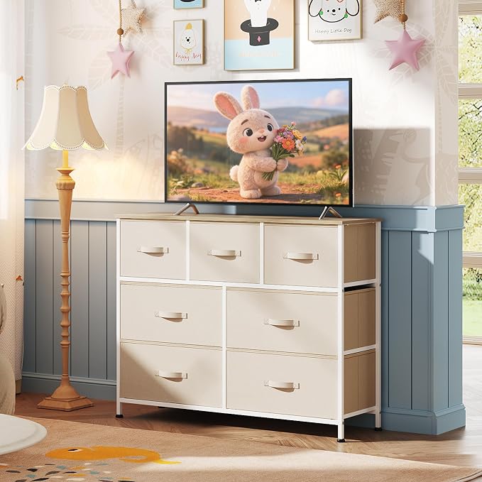 WLIVE Dresser for Bedroom, 7 Drawers, TV Stand, Cream White | 7 roomy fabric drawers, Fits TVs up to 45 inch, Bedroom or living room, Wide storage design, Chest of drawers