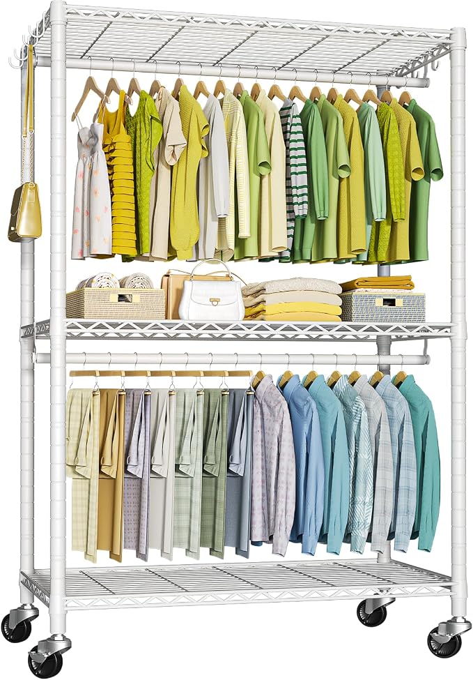 FUTASSI Rolling Clothes Rack, Clothing Racks for Hanging Clothes, White | P3 Plus Heavy Duty Garment Rack with Wheels, Freestanding Portable Closet Racks 45" W x 14" D x 78.5" H, Max Load 480 LBS