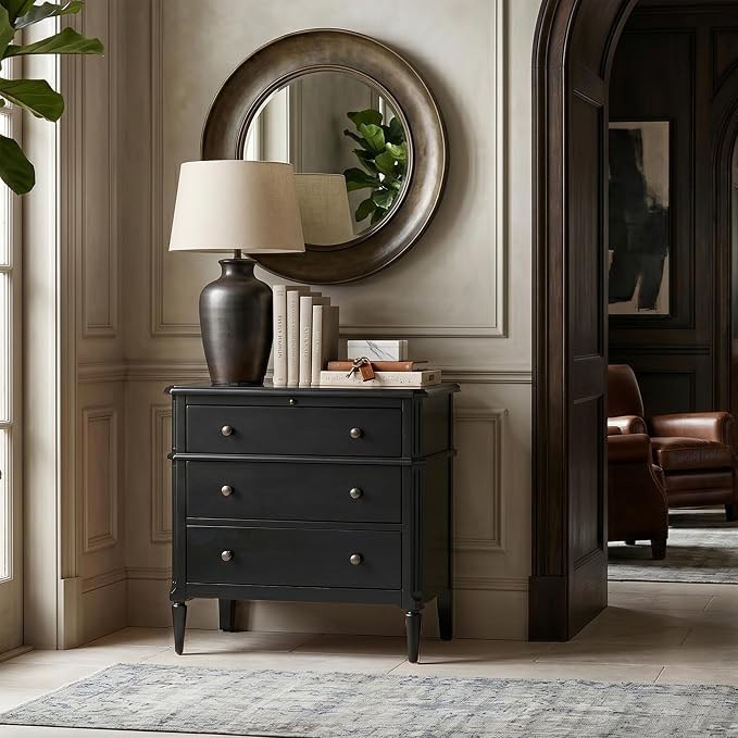 HULALA HOME 30 Inches Side Table with Charging Station, Black | Spindle Legs, Hidden Drawer, Pull-Out Tray, Built-In Outlet, Chamfered Edges, Adjustable Feet, Transitional Style