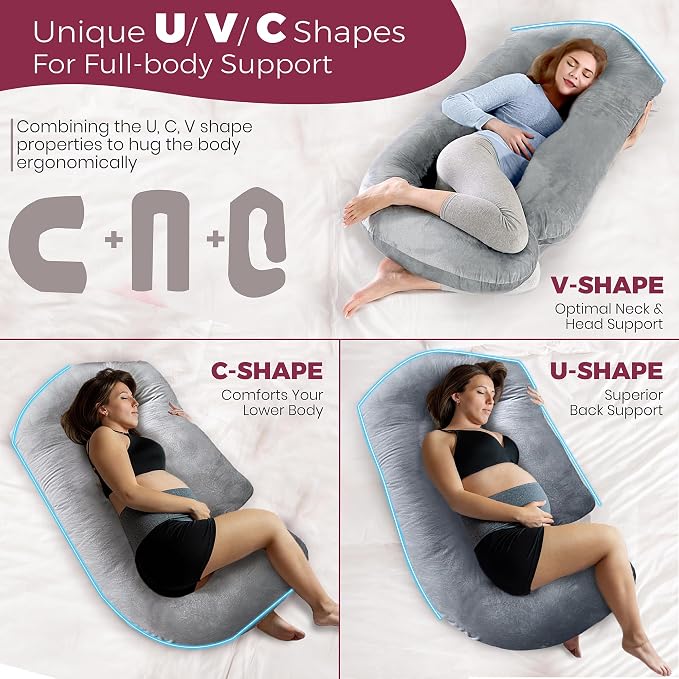 Pregnancy Pillows for Sleeping – 57-Inch Maternity Pillow for Pregnant Women with Removable Washable Cover – Support for Back, Belly, Neck, Legs, & Hips – V C U Shaped Full Body Pillow