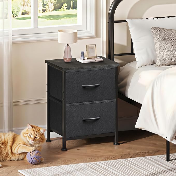 WLIVE Black Night Stand, Small Dresser with 2 Drawers & Wooden Top, Nightstand with Fabric Bins, Bedside Table End Table for Bedroom, Closet, Entryway, College Dorm, Charcoal Black | Versatile Small Side Table, Sturdy Metal Frame & Adjustable Feet, 15-...