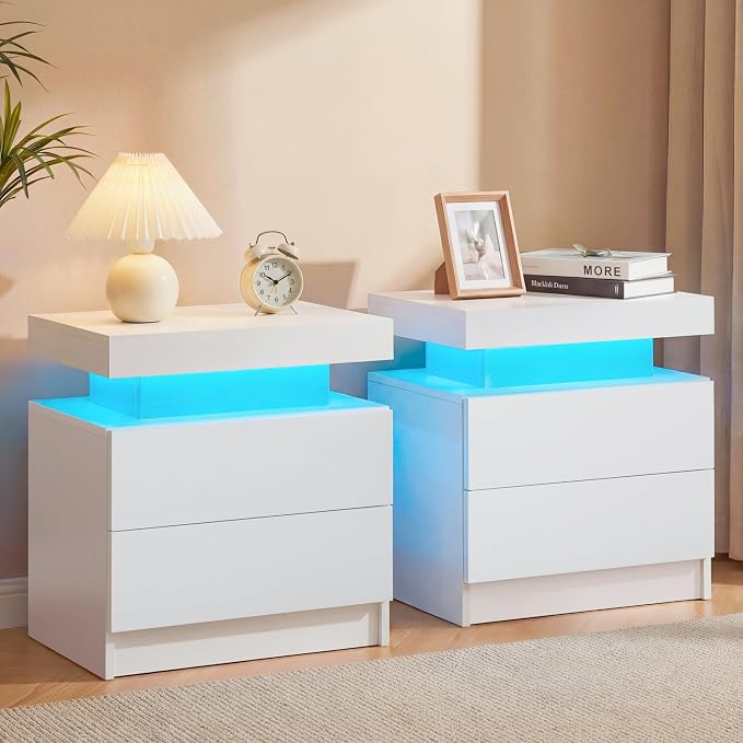 i-aplus White Modern LED Nightstand Set of 2 with 2 Wood Drawer for Bedroom | Nightstands with App-Controlled RGB LED Lights, Night Stand with Storgae Drawer, Modern Bedside Table for Bedroom