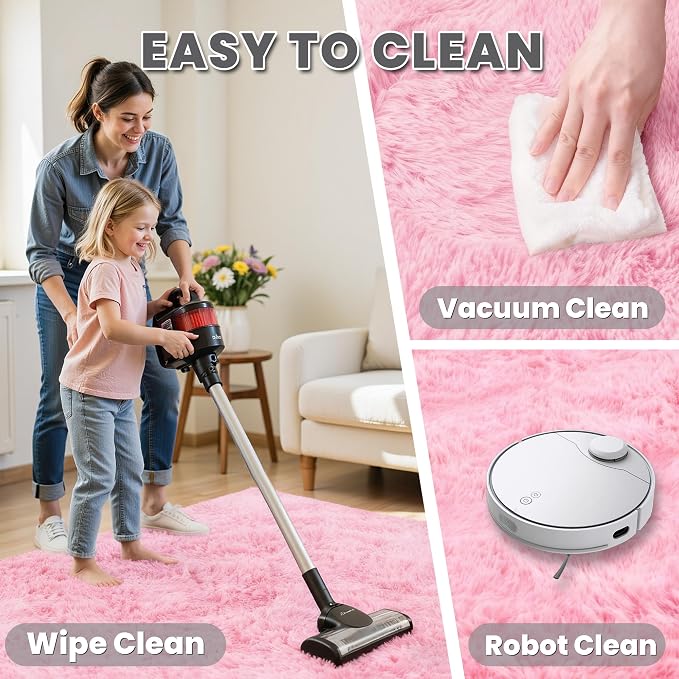 8x10 Fluffy Shag Area Rugs for Living Room Bedroom: Soft Carpet Light Pink | Upgraded Non-Slip Thick Memory Foam, Ultra Soft, Non-Shedding Fuzzy Carpet, Easy Clean Decor for Kids Room, Nursery, Playroom