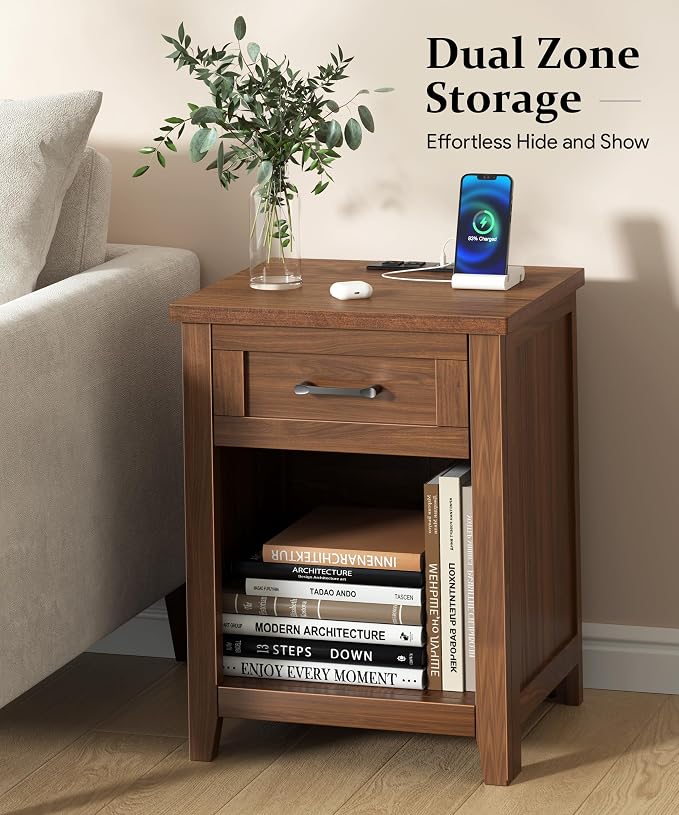 Decofy Farmhouse Nightstand with Charging Station & Large Storage, Modern End Tables with Outlets, USB Ports and Type-C Ports, Easy Assembly for Bedroom (Walnut)