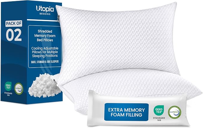Utopia Bedding Shredded Memory Foam Pillows (Queen), Cooling Adjustable Bed Pillows for Sleeping with Washable Pillow Case, Back, Stomach and Side Sleeper Pillow, Plush and Supportive (2 Pack)
