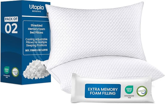 Utopia Bedding Shredded Memory Foam Pillows (Queen), Cooling Adjustable Bed Pillows for Sleeping with Washable Pillow Case, Back, Stomach and Side Sleeper Pillow, Plush and Supportive (2 Pack)