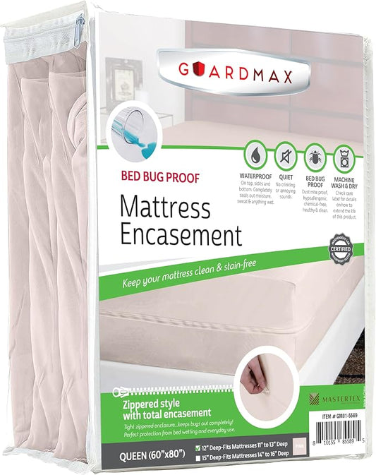 Guardmax Queen Mattress Encasement with Zipper, Waterproof, Bed Bug Proof, and Dust Mite Proof Mattress Protector for Queen Size Bed up to 12" Deep, Zippered All Around Jersey Knitted Mattress Cover