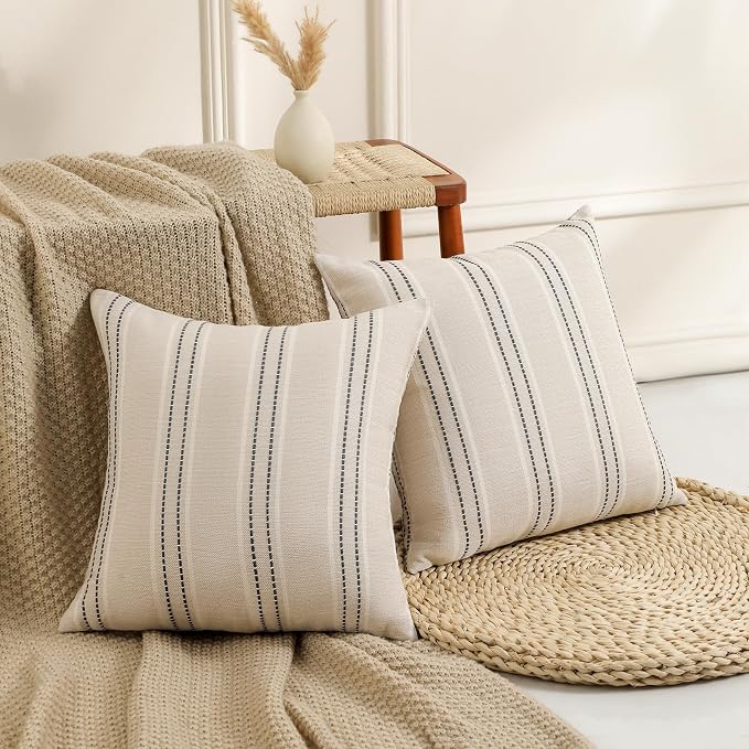 Hckot Decorative Pillow Covers 18x18 Striped Throw Pillow Covers Grey | Textured Linen Pillow Covers Outdoor Farmhouse Decor Cushion Covers for Couch Bed Living Room Home Accent Decor Pillows