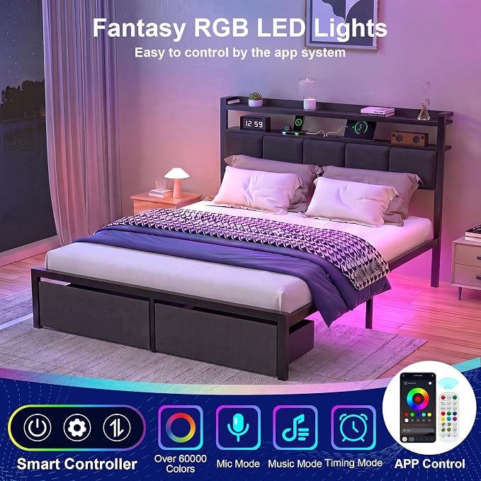 Queen Bed Frame with 2 Storage Drawers, Platform Bed with LED Lights & Charging Station, Upholstered Headboard with 2-Tier Shelves, Heavy Duty Metal Sltats, No Box Spring Needed, Noise Free