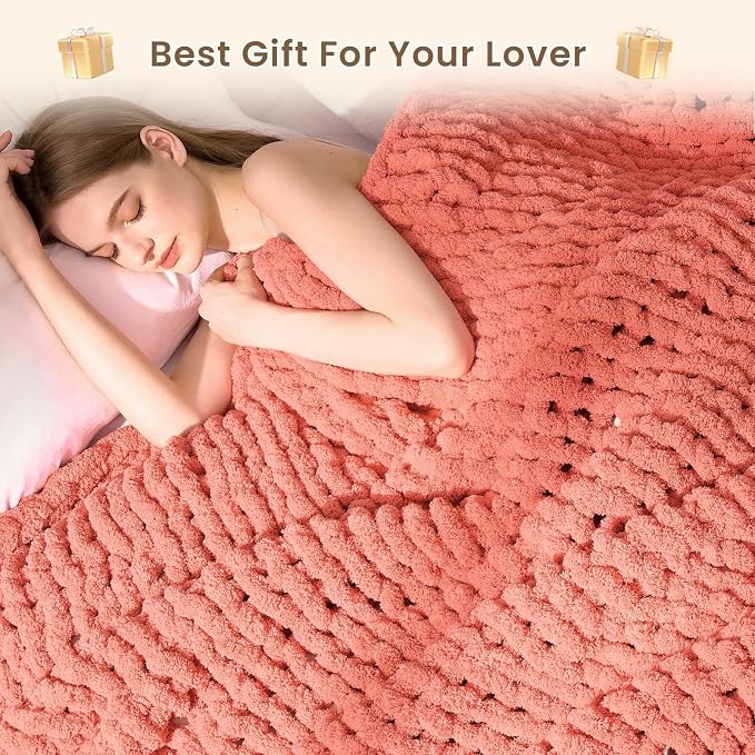 L'AGRATY Chunky Knit Throw Blanket for Couch, 50 x 60 Inches, Coral Pink | Handmade Chenille Crochet Blanket for Sofa Bed, Thick Cable Knitted Blankets for Room Home Decor, Birthday Gift for Women Mom