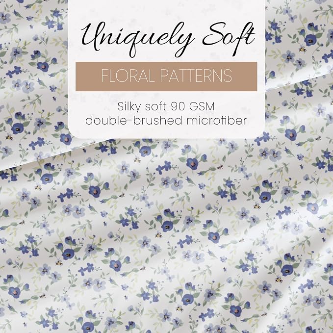 Linen Market 4 Piece Queen Sheet Set - Breathable, Double-Brushed Patterned Cooling Sheets – Ultra Soft & Wrinkle-Free 16" Deep-Pocket Queen Sheets - Easy Care Blossoms Light Blue