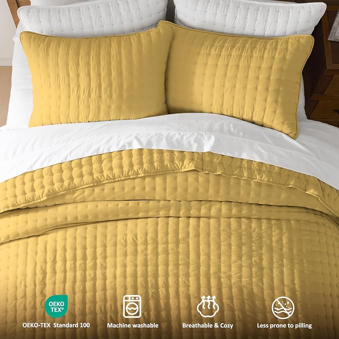 WDCOZY California Oversized Cal King Size Quilt Bedding Sets with 2 Pillow Shams, Lightweight Soft Bedspread Coverlet Bed Cover for All Season, 3 Pieces, 116x106 inches, Yellow