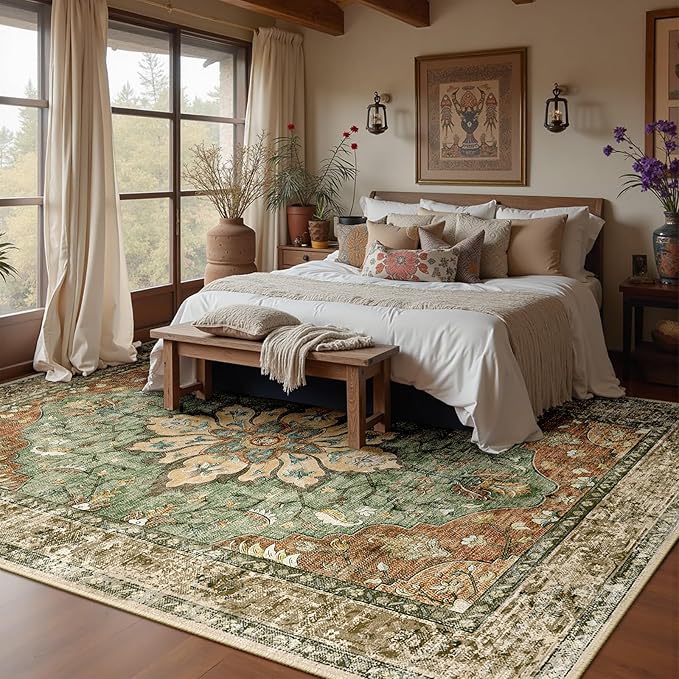 RELEANY Washable Area Rug, 8'x10', Brick/Brown/Green | Non-Slip, Water Repellent, Pet Friendly, Easy to Clean, Vintage Floral Boho Decor for Living Room Bedroom Dining Room
