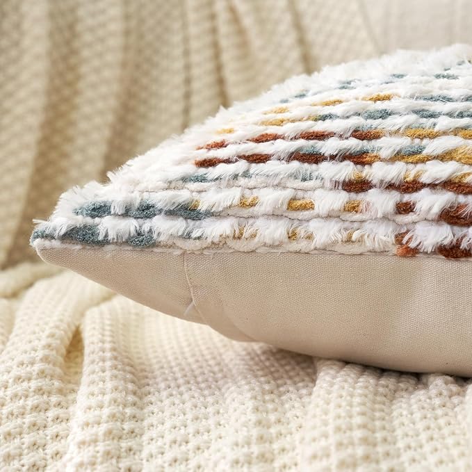 Aeckself Boho Chenille Tufted Pillow Cover 24 x 24 Inch, Decorative Square Big Throw Pillow Cover Neutral Pillowcase for Couch Bedroom Living Room, Orange White