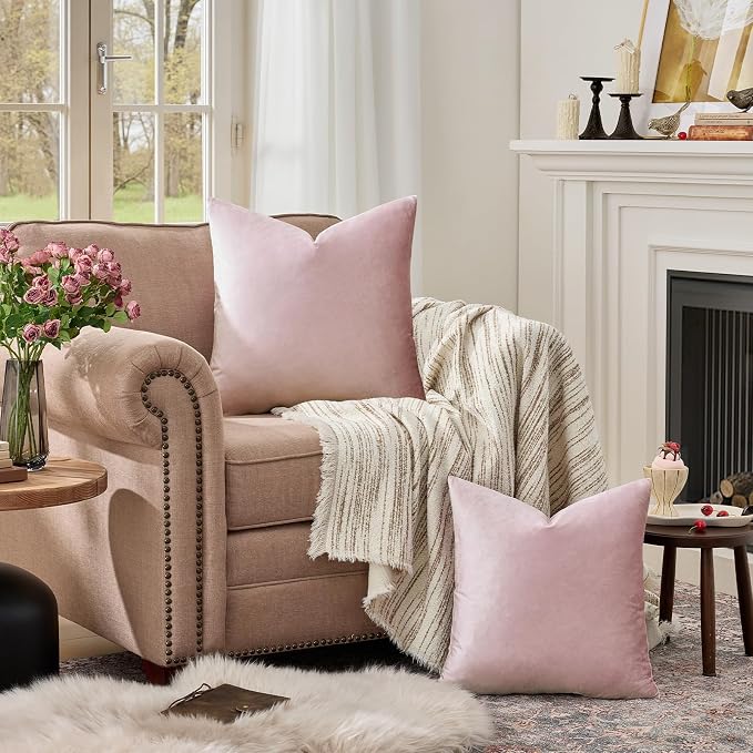 GIGIZAZA Sweet Lilac Velvet Throw Pillow Covers 24x24 Pack of 2 | Decorative Pink Pillows for Couch Sofa,280gsm Soft Textured Fabric,Modern Square Pillowcases,Luxury Cushion Covers