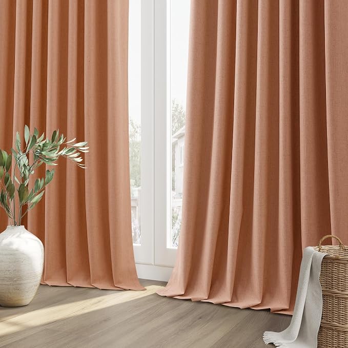 100% Blackout Curtains 90 Inch Length 2 Panels Set for Living Room Bedroom Back Tab Thermal Insulated Black Out Linen Drapes Room Darkening Peach Quartz,52x90