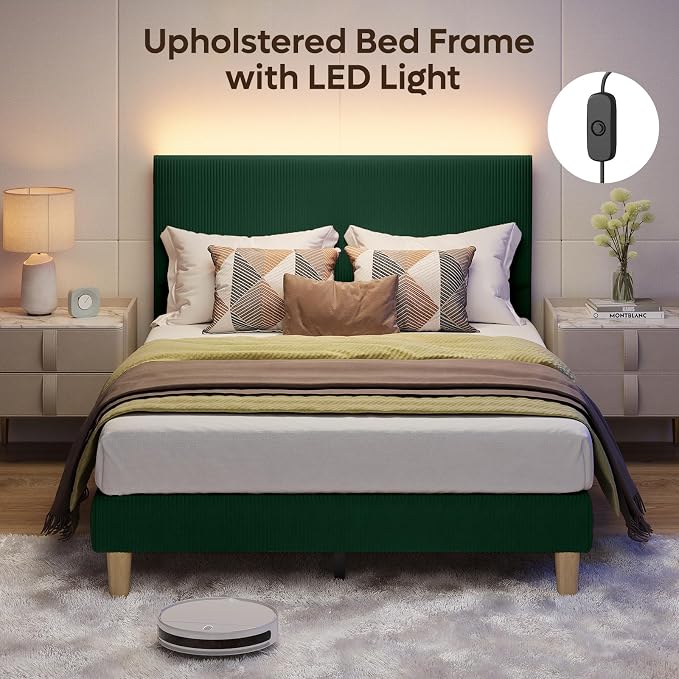 Bestier Full Bed Frame with Adjustable Headboard,LED Light,Green | Easy Assembly,LED Lighting Headboard,No Squeaks,Vertical Channel Corduroy Upholstered,Wood Slats Support,No Box Spring Needed