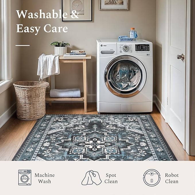 Rugflix 3x5 Entrance Rugs, Washable Dark Navy Blue Entry Small Rug | Machine Washable; Stain-Resistant; Low Pile; Non-Slip; Vintage Farmhouse; Carpet for Entryway Kitchen Hallway Home