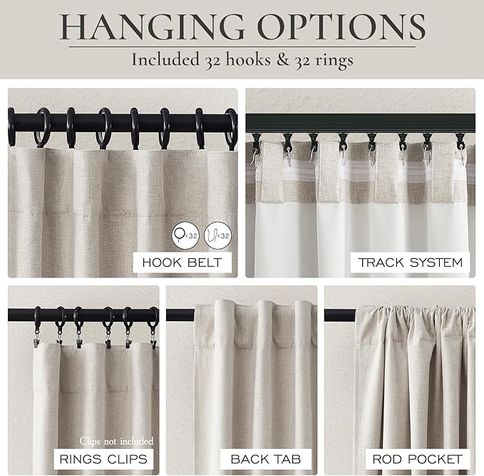 94 Inch Long Blackout Curtains 2 Panel Set, Pleated Boho Farmhouse Curtain for Living Room/Bedroom Darkening/Thermal/Noise Reduction Textured Flax Linen Drapes Hook&Rings Included (50"x94"x2 Natural)