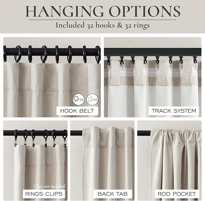 112 Inch Curtains 2 Panel Set Modern Decorative Dark Out Pleated Curtain for Bedroom Heat and Cold Blocking Large Window Coverings High Ceiling Drapes for Living Room with Hooks (50"x112"x2 Natural)