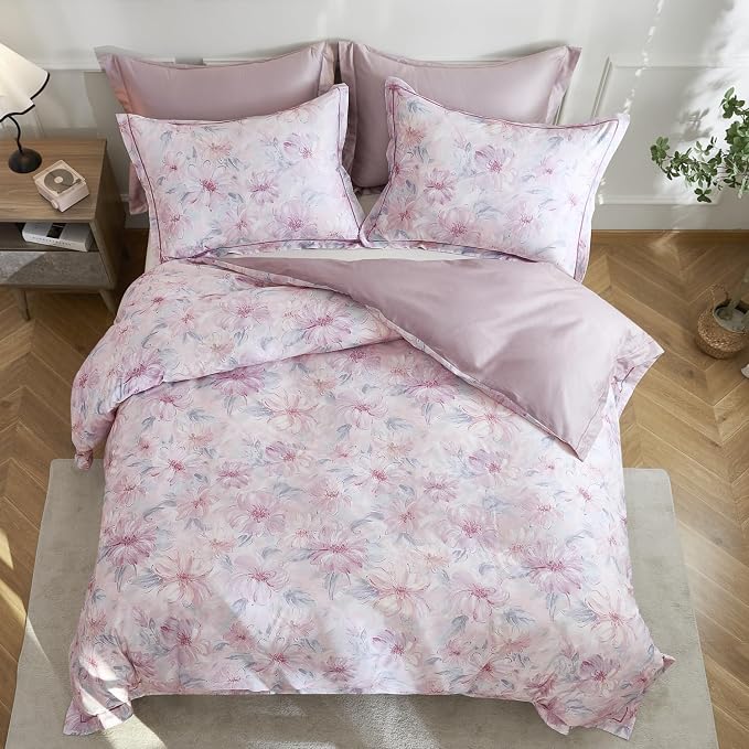 OAITE Queen Duvet Cover Set 3pcs 100% Cotton 600 Thread Count with Floral | Luxury Soft, Breathable,Long Staple Cotton,Hidden Zipper,8 Corner Ties,Easy Care for All Season