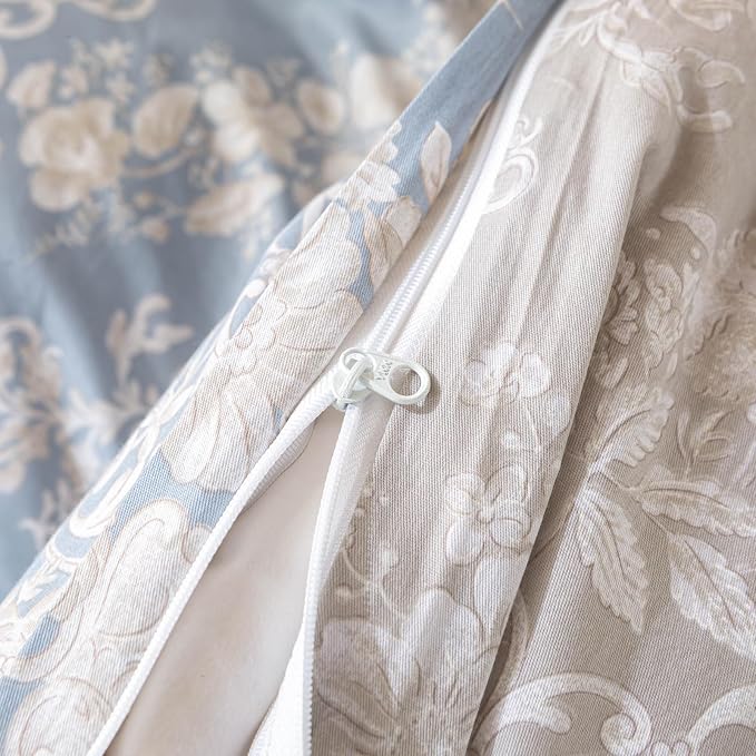 OAITE King Duvet Cover Set 3pcs 100% Cotton with Blue Damask Vintage Floral | Soft, Breathable,Long-lasting,Comfort,Dual Zipper,8 Corner Ties,Easy Care for All Season