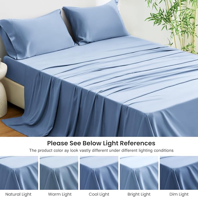 Love's cabin 4 Piece Queen Sheet Set, 100% Rayon Derived from Bamboo, Cooling & Breathable, Soft Silky Deep Pocket up to 16", Hotel Luxury Bedding for Hot Sleepers, Mineral Blue