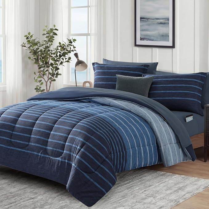 Monbix Full Size Comforter Set - 7 Pieces Bed in a Bag Full, Navy Blue-Stripe Bedding Sets, All Seasons Comforter Bed Set with Sheets, Pillowcases & Shams