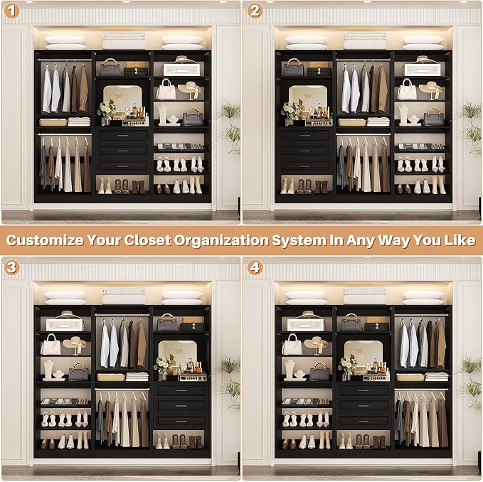 Unikito 75" Modular Closet System with 3 Sets, Mirror & Drawers, Black | Hanging Rods & Adjustable Shelves, Freestanding Wood Wardrobe Garment Rack, Walk in Tower Clothes Storage Organizer Unit