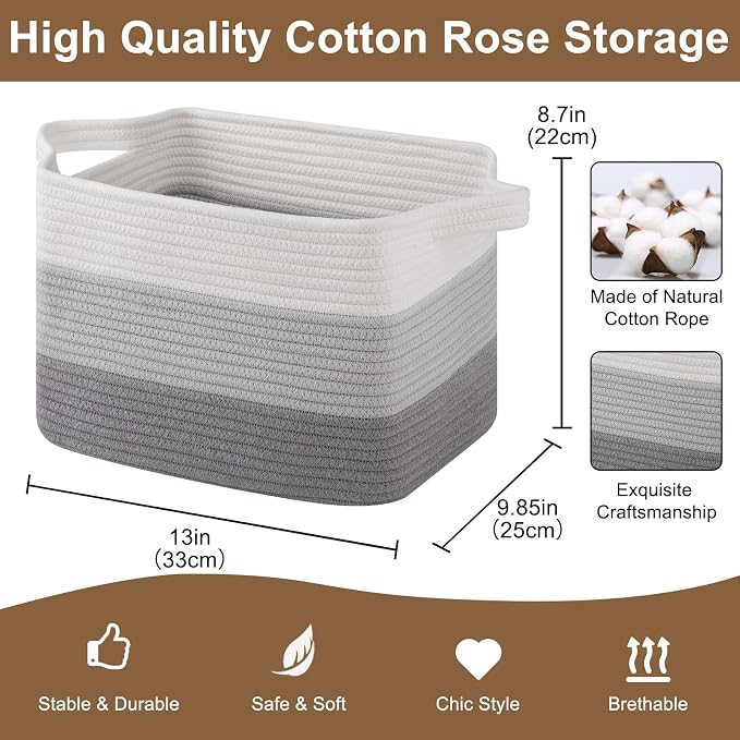 OIASKET Storage Basket for Organizing, Woven Baskets for Storage, Rectangle Decorative Baskets for Shleves, Closet, Toys, Books, Nursery Organizer Bins - Pack of 3 (Gradient Gray, 13"x9.85"x8.7")