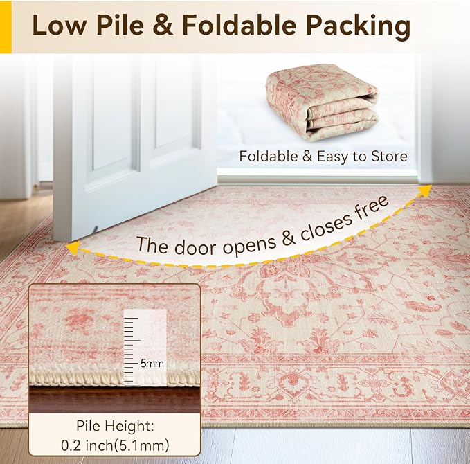 RELEANY Washable Area Rug, Runner 2'x8', Pink/Light Vintage Pink | Non-Slip, Water Repellent, Pet Friendly, Easy to Clean, Vintage Floral Boho Decor for Kitchen Hallway Bedroom Laundry