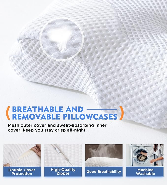 Cervical Pillow for Neck Pain Relief, Hollow Design Odorless Memory Foam Pillows with Cooling Case, Adjustable Orthopedic Bed Pillow for Sleeping, Support for Side Back Sleepers