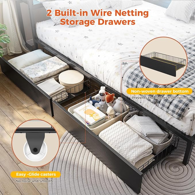 DICTAC Twin XL Corner Bed Frame with Bookcase Storage and Led Lights Metal Platform Bed Frame with 2 Drawers & Charging Station Twin XL Daybed for Kids/Teen with Storage,Kids Corner Bed Frame,Black