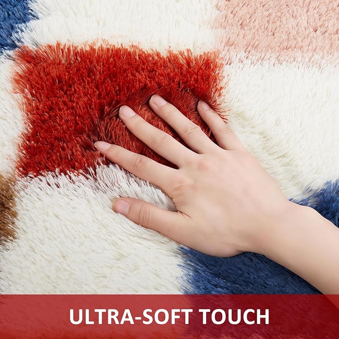 Ophanie Checkered Rainbow Rug for Living Room Bedroom,Colorful Fluffy Soft Cute Fuzzy Area Rugs,Shag Plush Shaggy Bedside Floor 4x6 Furry Carpet Kids Baby Teen Dorm Decor with Over 99 pcs Pile fibers
