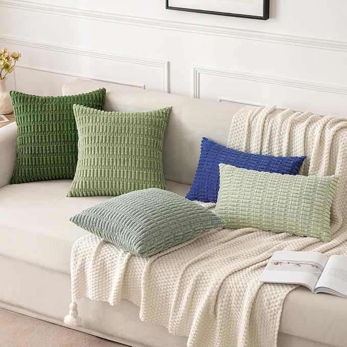 MIULEE Corduroy Decorative Throw Pillow Covers 18x18 Moss Green Pack of 2 | Soft Boho Striped Pillow Covers Modern Farmhouse Home Decor For Sofa Living Room Couch Bed