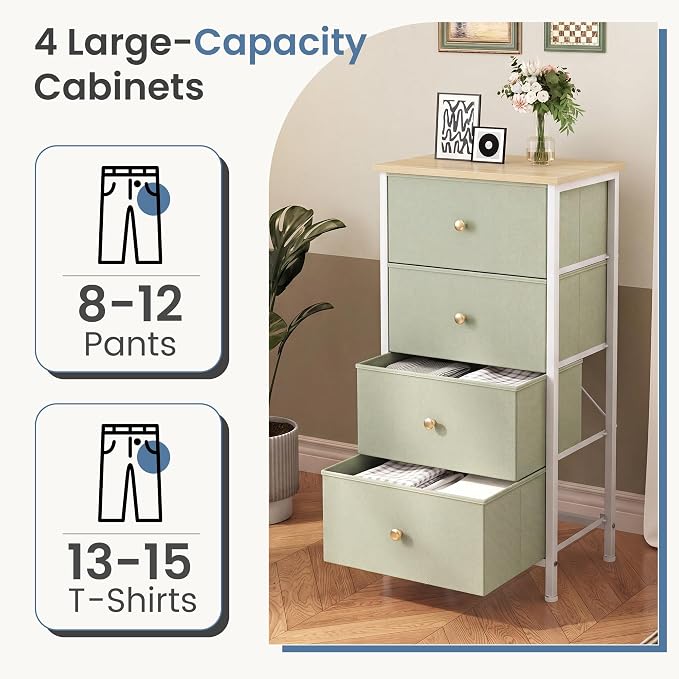 DUMOS Nightstand, Bedside Table with 4 Fabric Drawers | Night Stand with Removable Bins, Steel Frame Wood Top, Small Dresser for Bedroom Closet, Living Room, Light Green