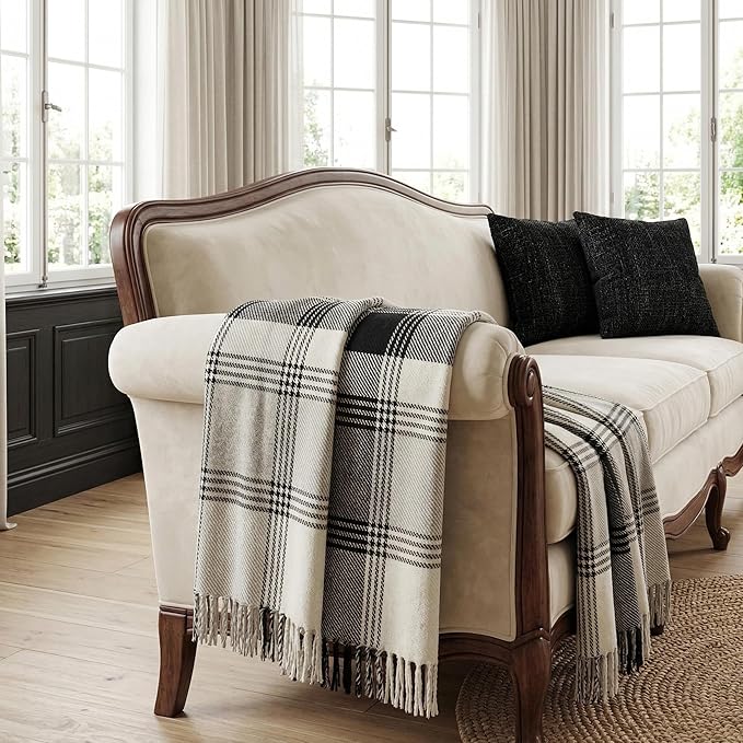 Americanflat 50x60 Throw Blanket - Soft and Breathable Cotton Throw Blanket for Couch, Bed, Chair - Decorative Blankets Perfect for Home, Office, or Outdoor Use - Black and Beige Plaid Design