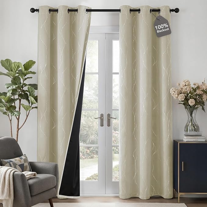 Deconovo 100% Blackout Living Room Curtains 84 Inches Long, Black Backing | Silver Line Foil Pattern Drapes, Thermal Insulated, Room Darkening, Grommet, 2 Panels Set, Light Beige, 42 x 84 Inch