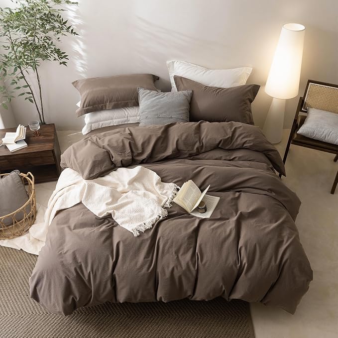 BDEAR 3Pcs Light Chocolate Brown Duvet Cover Set Super Queen Size 98 x 90 | 100% Washed Cotton, 1 Duvet Cover with 2 Pillowcases, Zipper Closure, OEKO TEX Standard,8 Corner Ties,Linen-Liked Texture