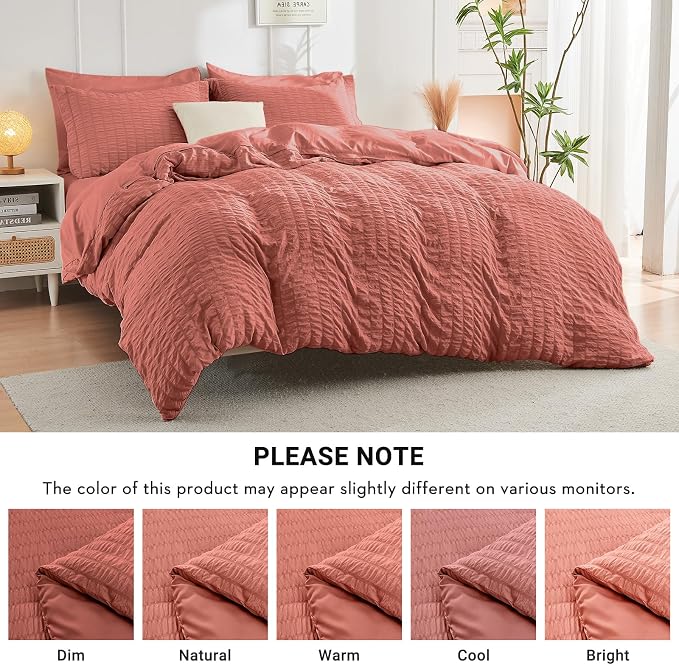 HYMOKEGE Coral Oversized Queen Comforter Set Seersucker 7 Pieces, All Season Luxury Bed in a Bag for Bedroom, Bedding Set with Comforter, Sheets, Pillowcases & Shams
