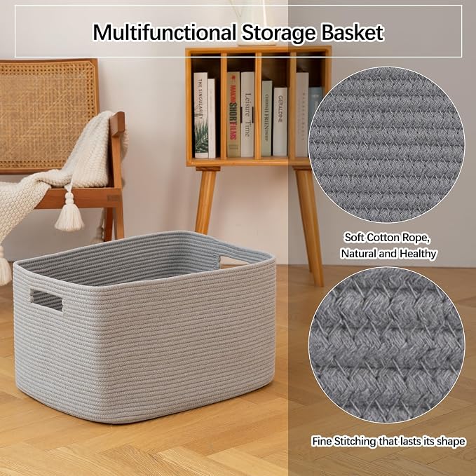 OIAHOMY 75L Large Blanket Basket, Woven Blanket Storage Basket with Handle, Cotton Rope Basket for Organizing 22”x17”x12”, Blanket Basket living Room, Toy Basket for Nursery, Grey