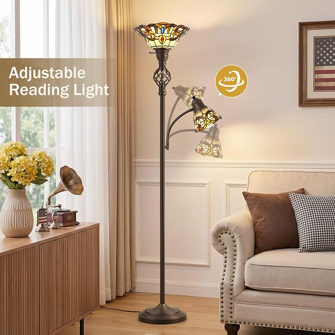 GyroVu Torchiere Floor Lamp for Living Room, Tiffany-Style Reading Light | Stained Glass Lampshade, 72" Tiffany-Style Tall Lamps for Bedroom Corner Home Office, Bulbs Included