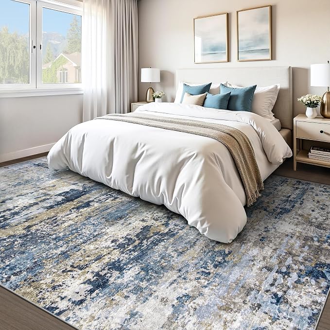 pmtsns Area Rugs 10x14 Living Room: Washable Rug Modern Abstract Neutral Soft Non-Slip Low-Pile Indoor Large Carpet for Bedroom Dining Room Playroom Home Office (Blue Grey Brown, 10'x14')